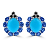 9.71 ct Oval Shaped Turquoise, Tanzanite and Black Diamond Earrings in 14 kt White Gold 9.71 ct Oval Shaped Turquoise, Tanzanite and Black Diamond Earrings in 14 kt White Gold